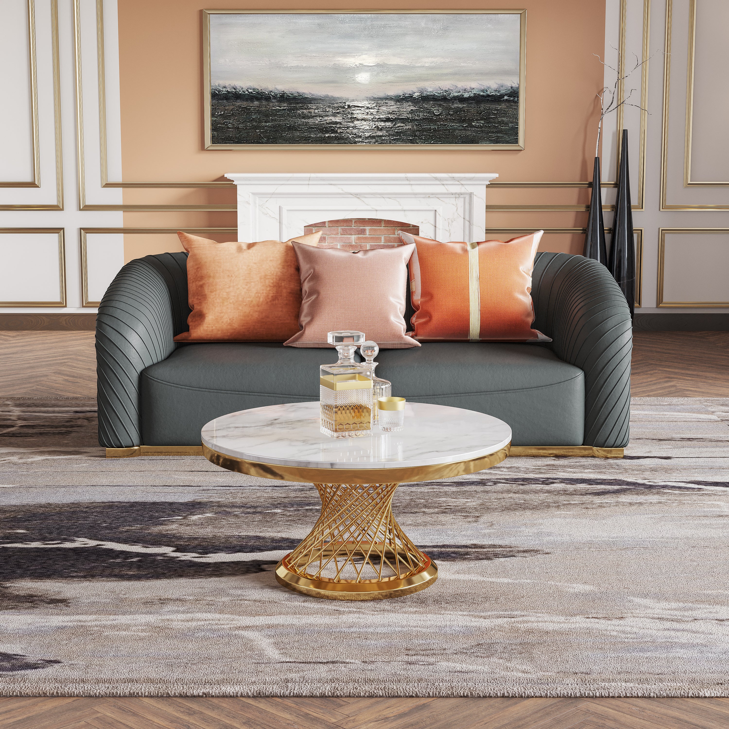 Marble Round Coffee Table with Gold Mirrored Finish