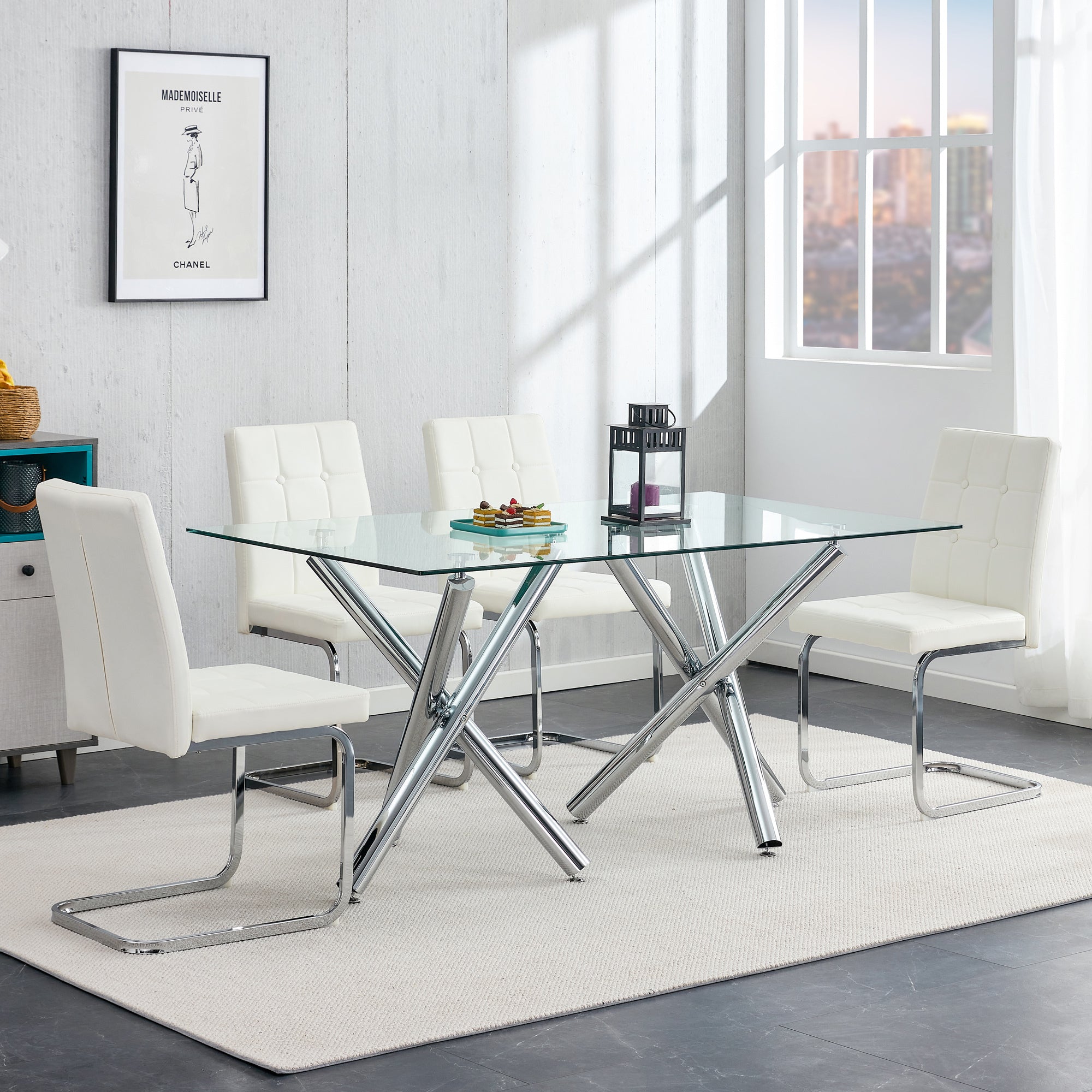 Modern Style Dining Chairs with Inset Buttons, C-shaped Tube Plating Metal Legs (Set of 2) - White