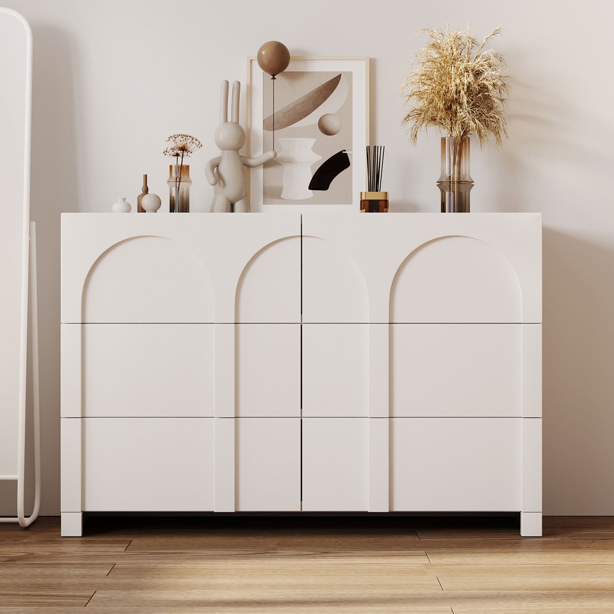 Modern Style Six-Drawer Dresser Sideboard Cabinet Ample Storage Spaces - Half Gloss White