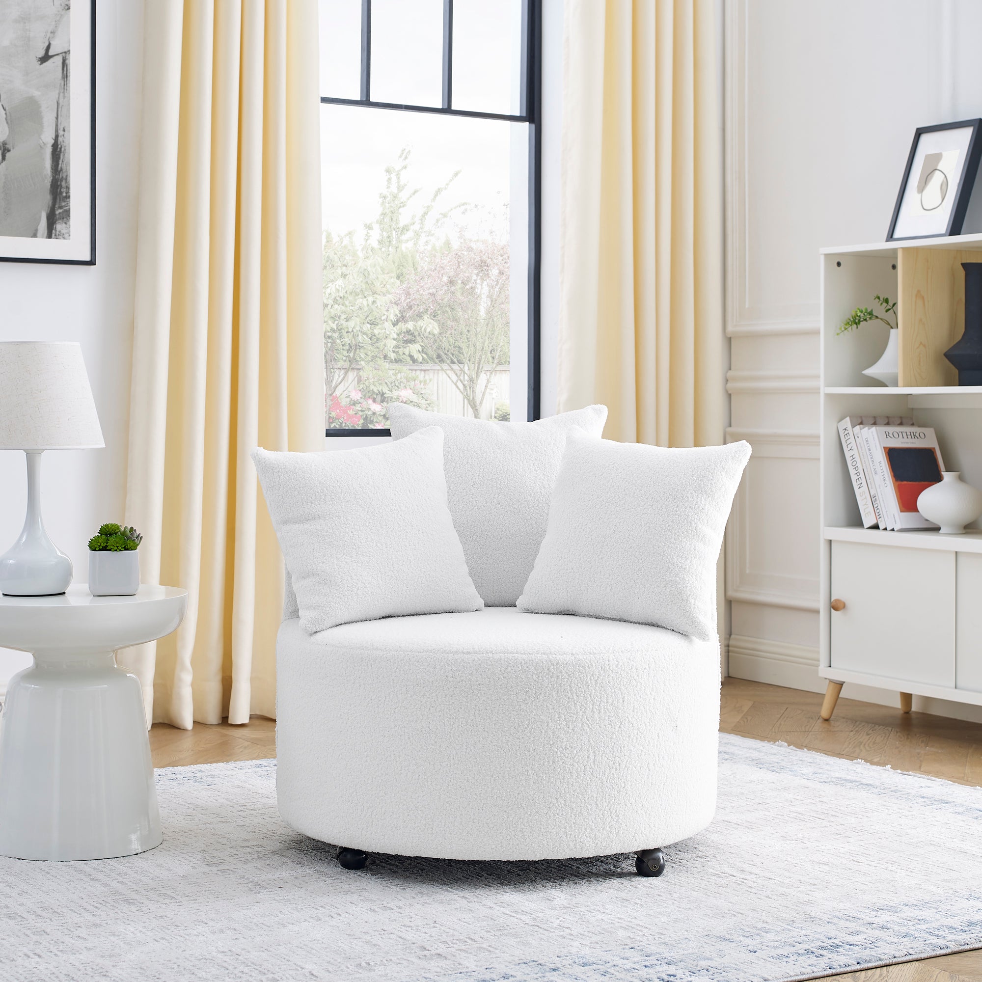 Teddy Fabric Swivel Accent Backchair Upholstered Luxury Lounge Chair with Movable Wheels, Including 3 Pillows - White