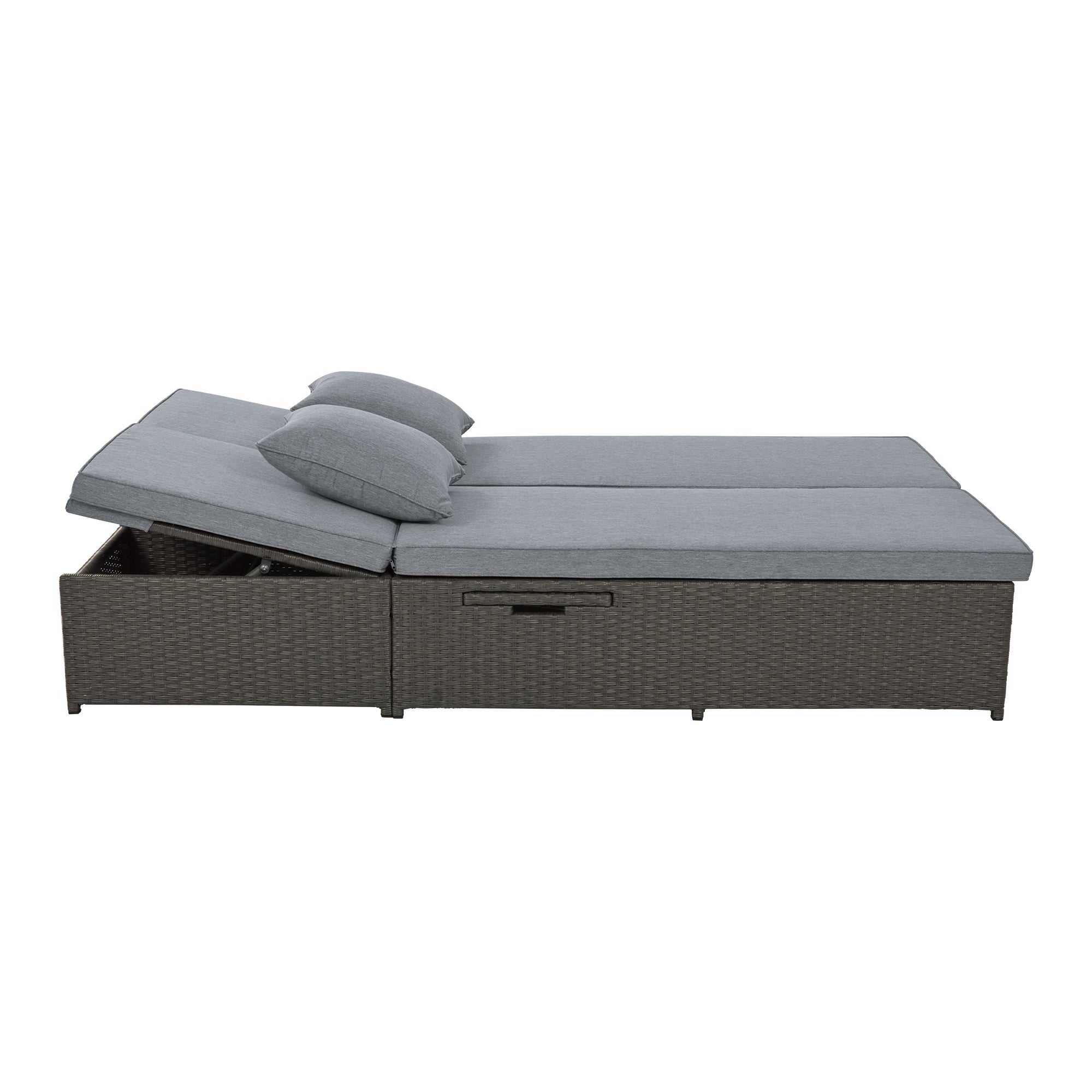 Outdoor Double Sun bed, Wicker Rattan Patio Reclining Chairs with Adjustable Backrest and Seat, Conversational Set for 2 Person - Gray