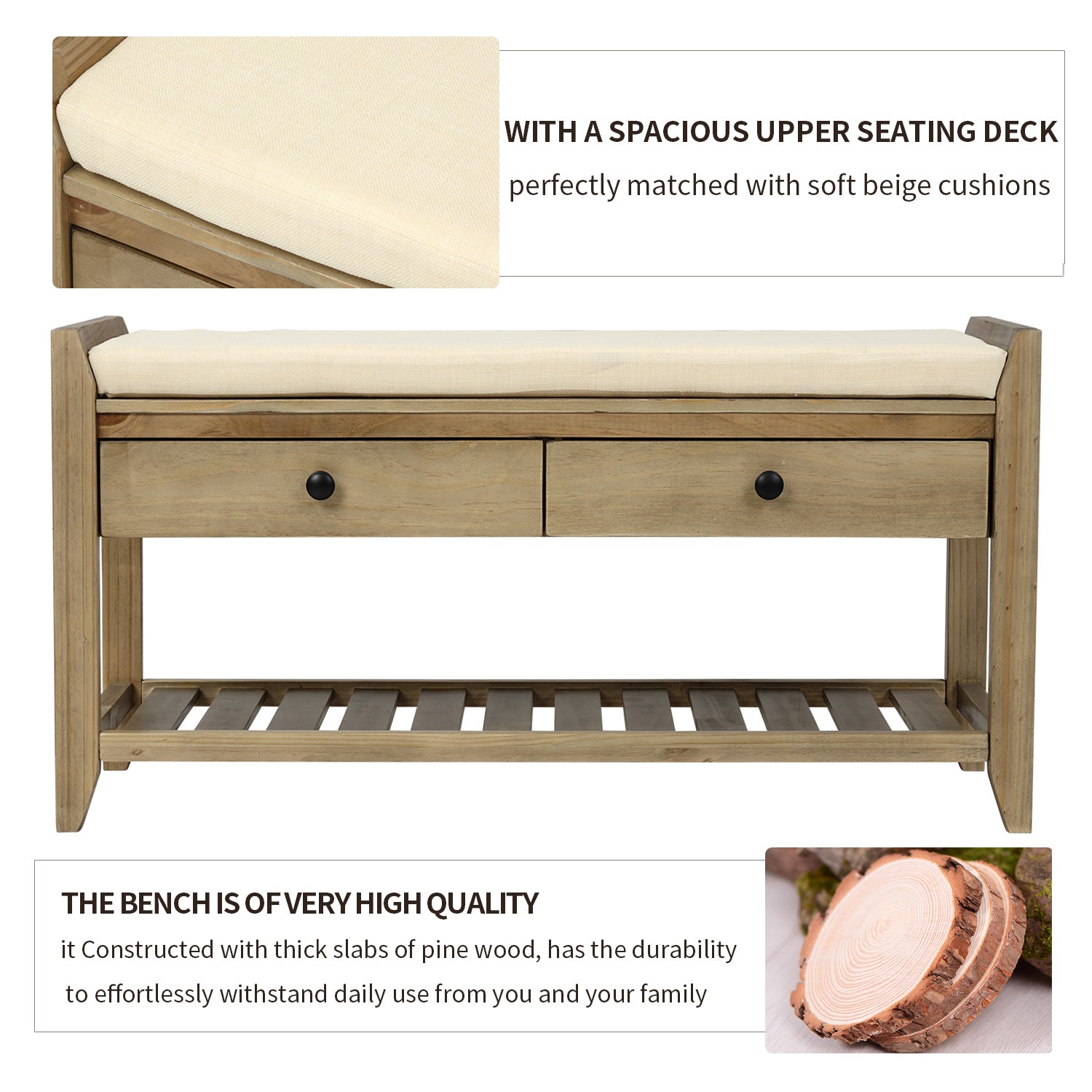 Shoe Rack with Cushioned Seat and Drawers, Multipurpose Entryway Storage Bench - Gray Wash