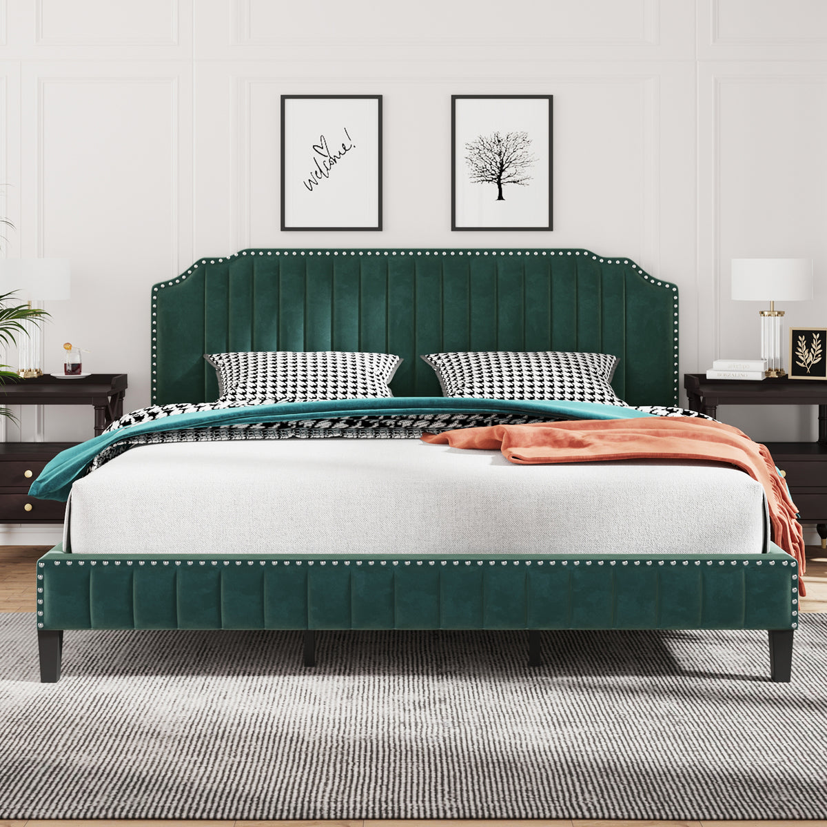 Modern King Bed Velvet Curved Upholstered Platform Bed - Green