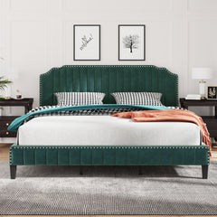 Modern King Bed Velvet Curved Upholstered Platform Bed - Green