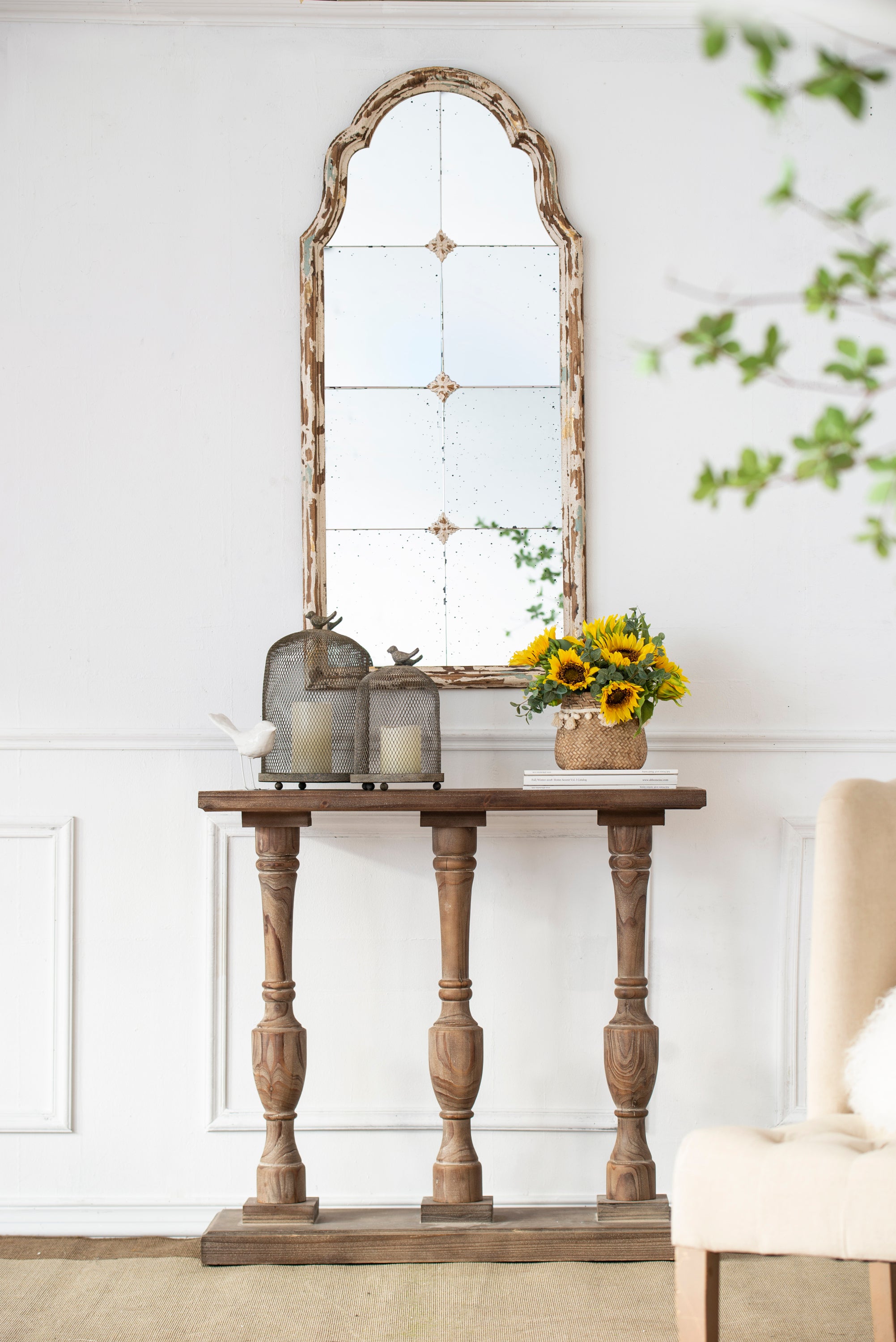 Large Cream & Gold Framed Wall Mirror, Wood Arched, 22" x 48"