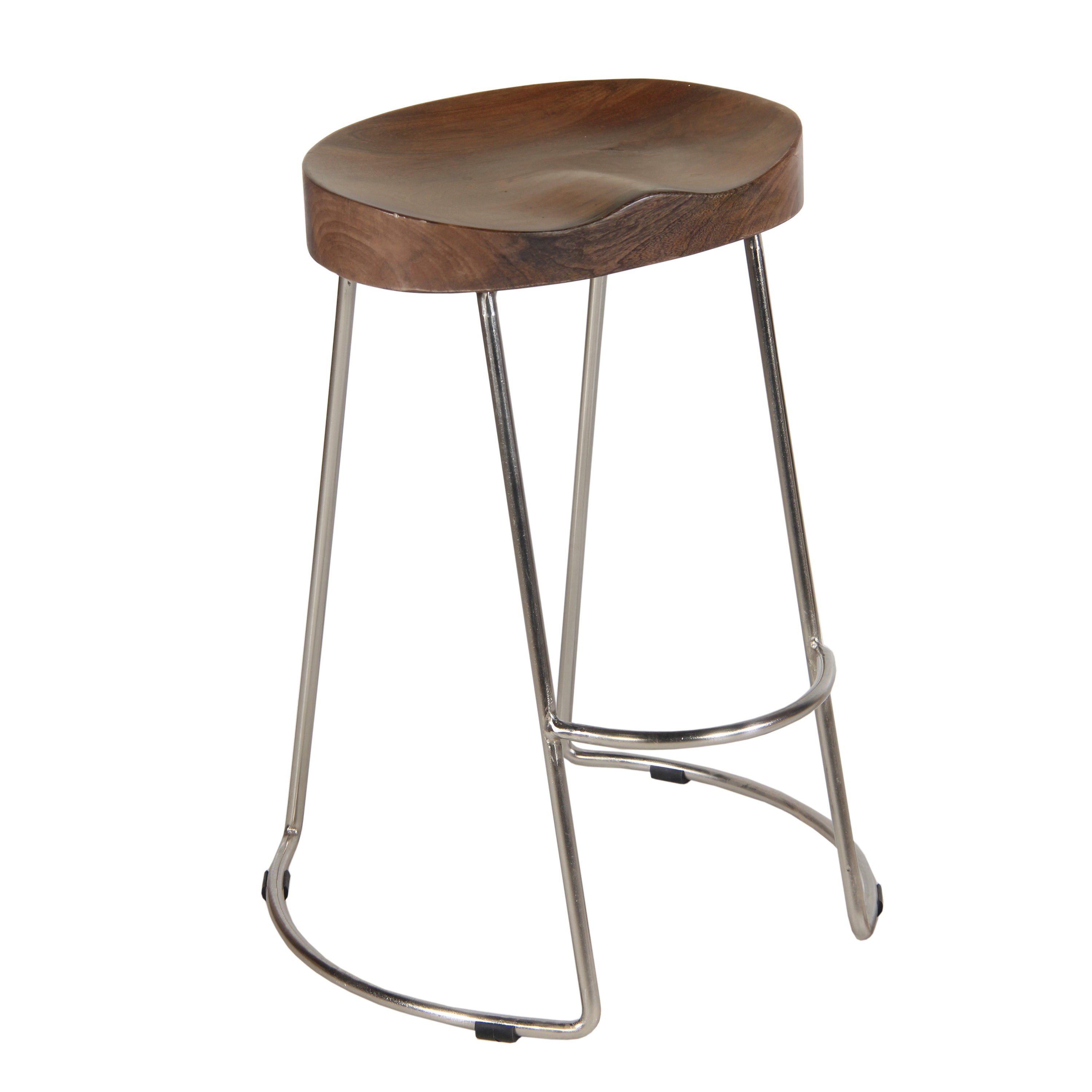 Farmhouse Counter Height Barstool with Wooden Saddle Seat - Brown and Silver