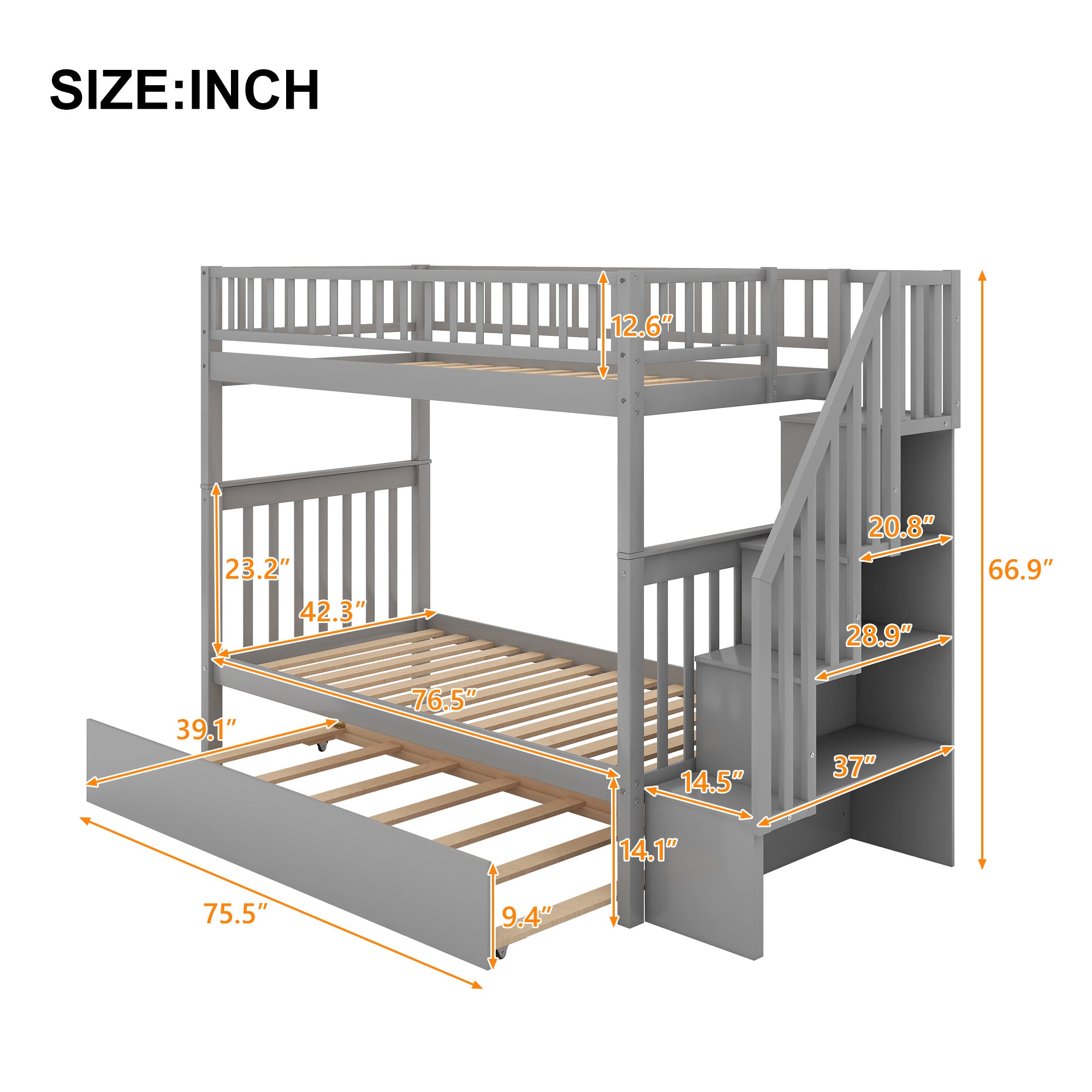 Twin over Twin Bunk Bed with Trundle and Storage -  Gray