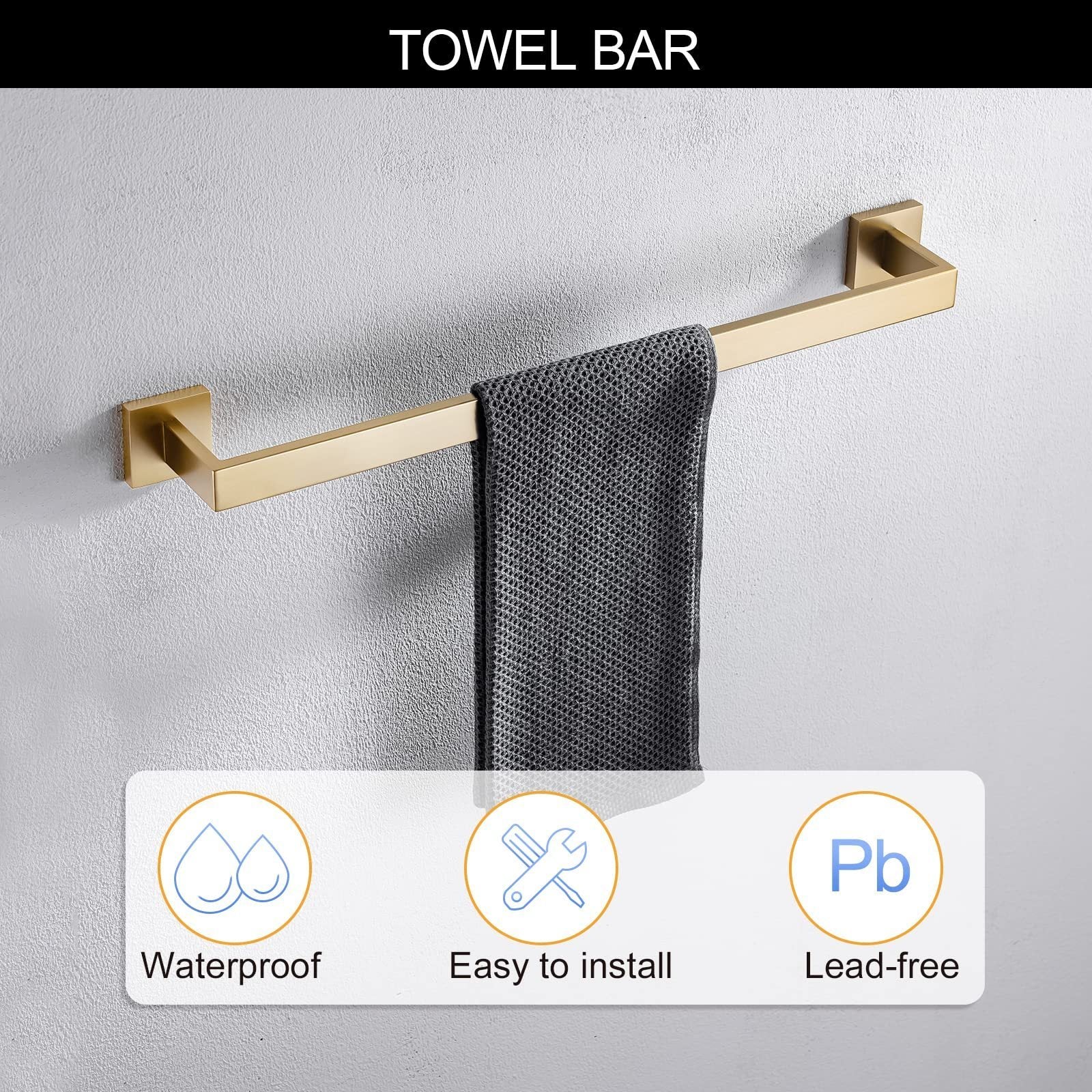 5 Pieces Bathroom Hardware Accessories Set Towel Bar Set Wall Mounted, Stainless Steel - Brushed Gold
