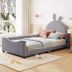 Twin Size Upholstered Daybed with Rabbit Ear Shaped Headboard - Gray