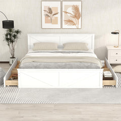 King Size Wooden Platform Bed with Four Storage Drawers and Support Legs - White