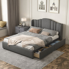Queen Bed Upholstered Platform with Wingback Headboard and 4 Drawers - Grey