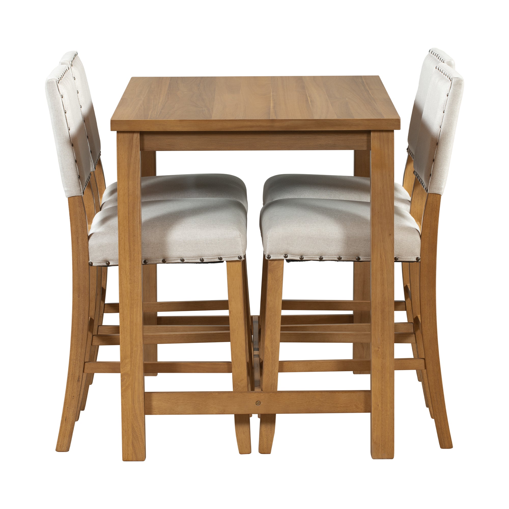 5 Piece Rustic Wooden Counter Height Dining Table Set with 4 Upholstered Chairs - Natural+Beige