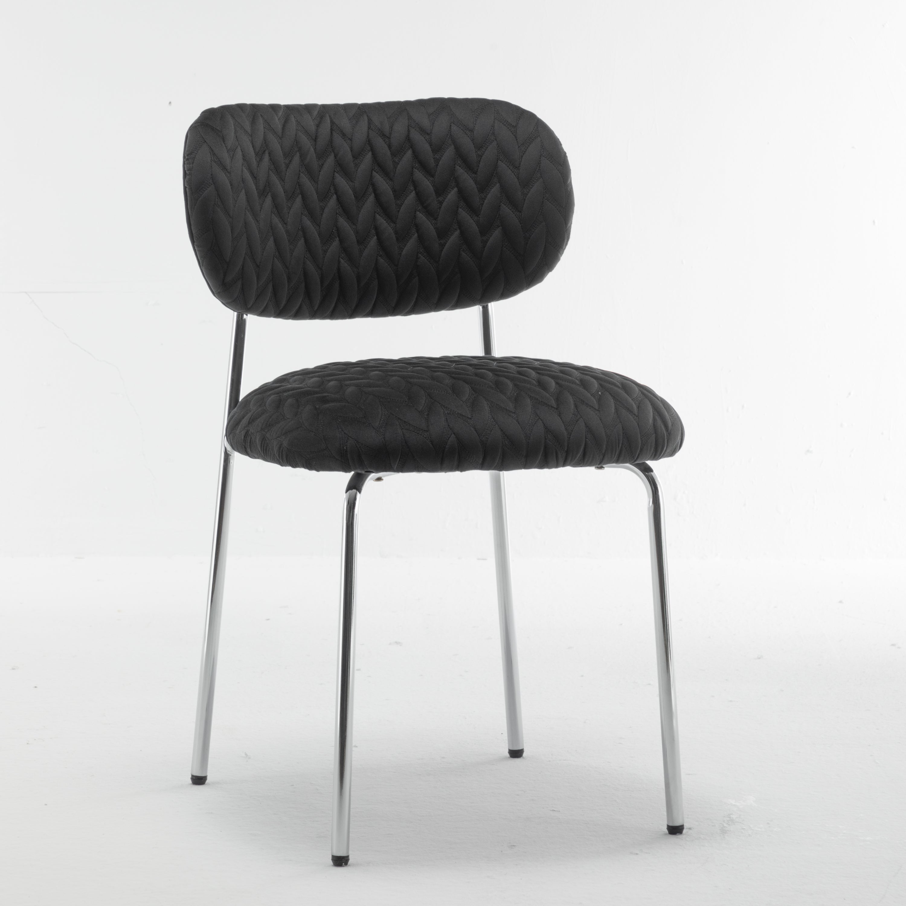 Velvet Dining Chair Leaf Grain Ergonomic Backrest Silver Metal Legs (Set of 2) - Black