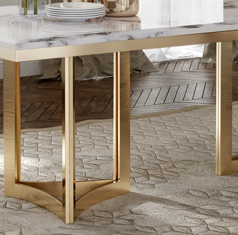 Modern Marble Dining Table with Rectangular Tabletop Gold Stainless Legs (chairs not included) - White