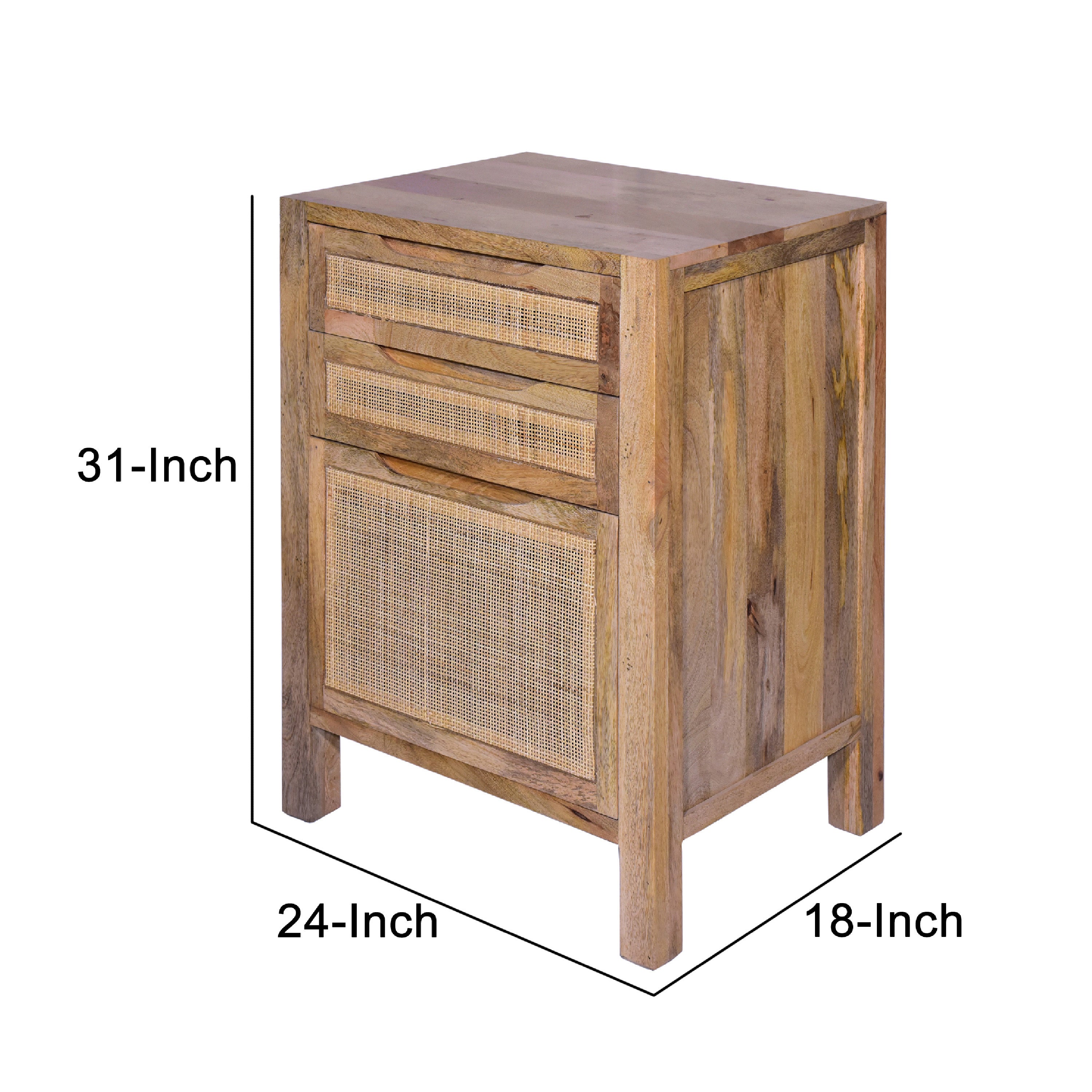 31 Inch Cottage Mango Wood Storage Cabinet Table, Cane Rattan Panels, 3 Drawers - Natural Brown