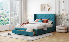 Queen Size Storage Bed Velvet Upholstered Platform Bed with Wingback Headboard and a Big Drawer - Blue