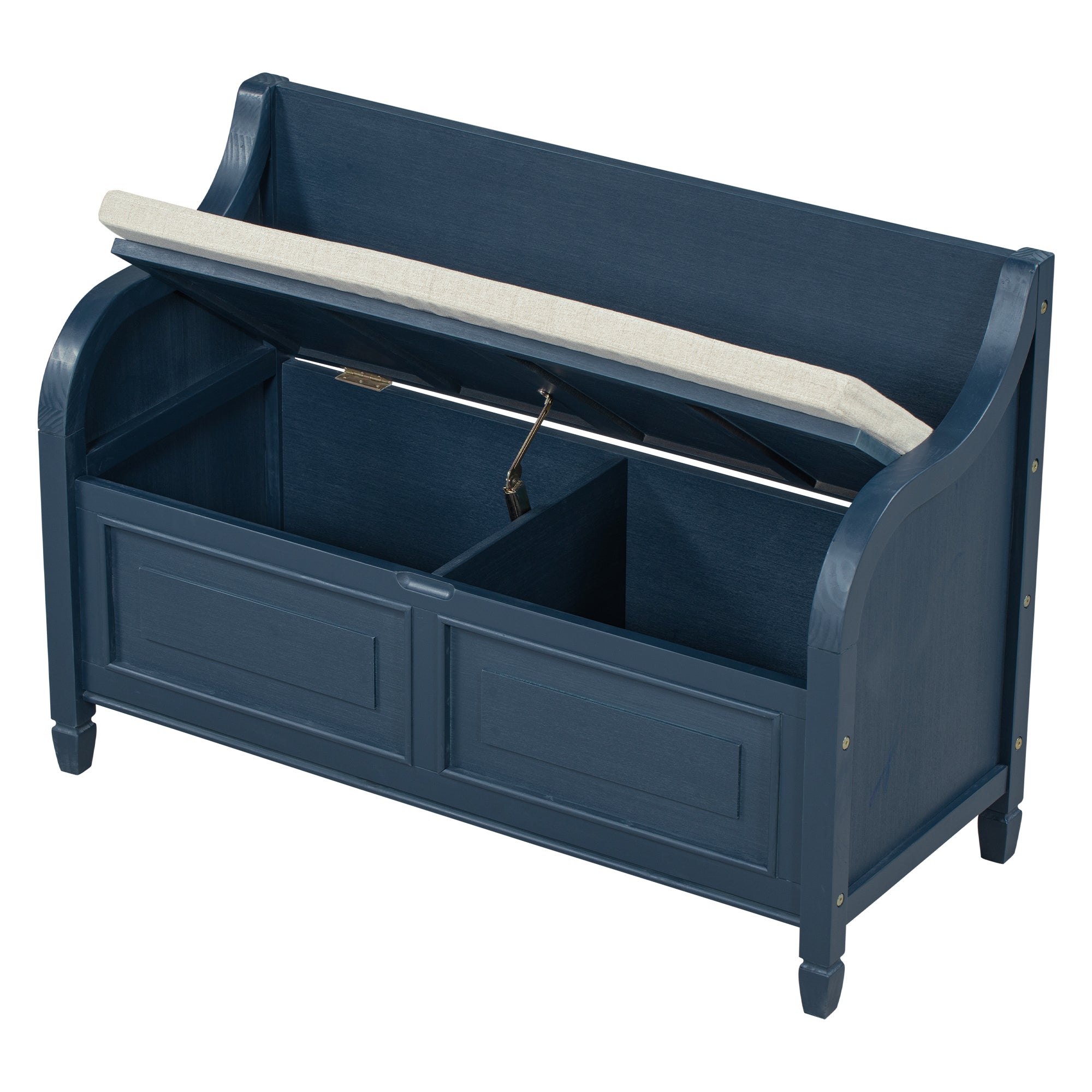 Rustic Style Solid Wood Entryway Storage Bench with Safety Hinge - Antique Navy + Beige