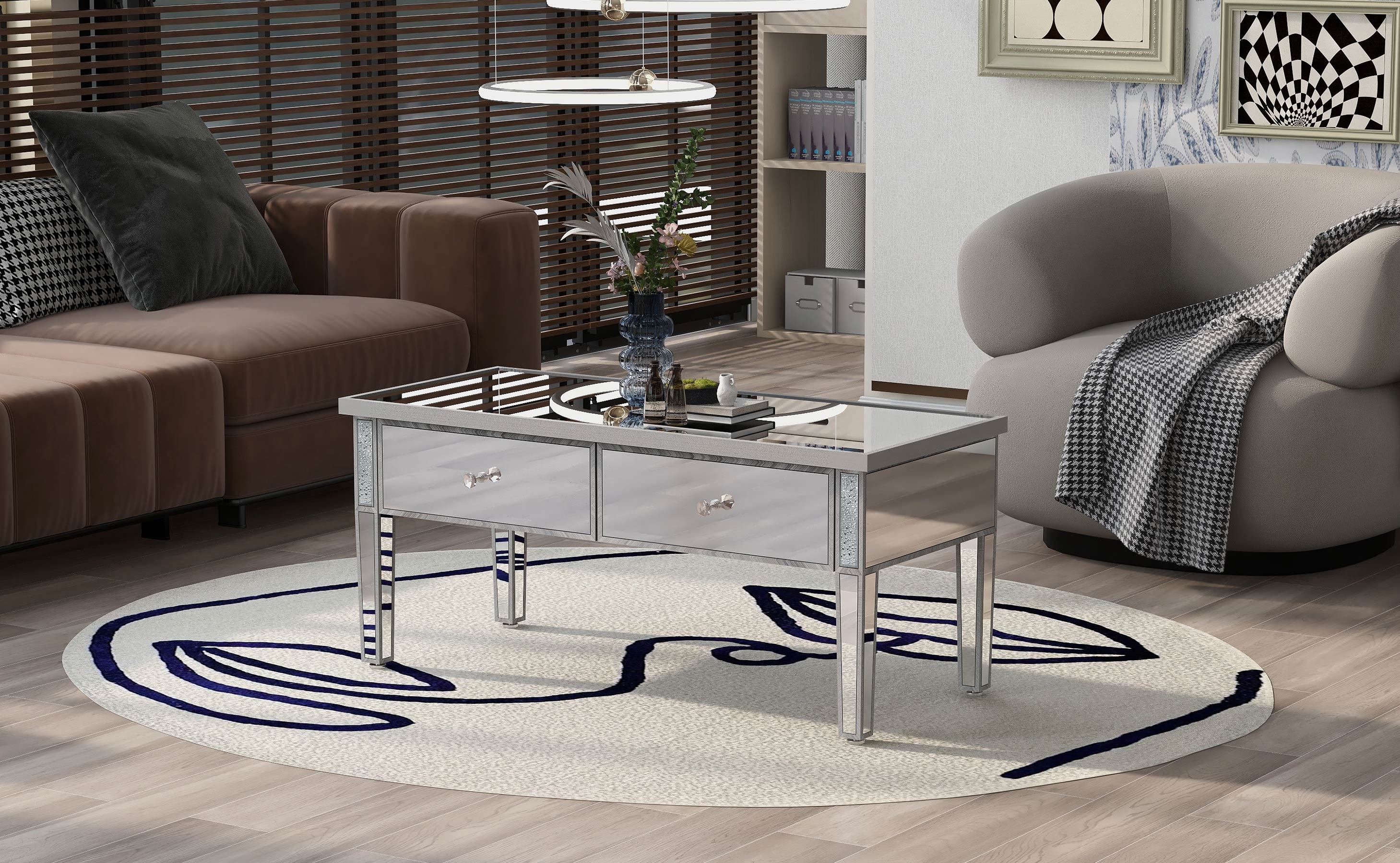 Modern Glass Mirrored Coffee Table with 2 Drawers, Cocktail Table with Crystal Handles and Adjustable Height Legs - Silver
