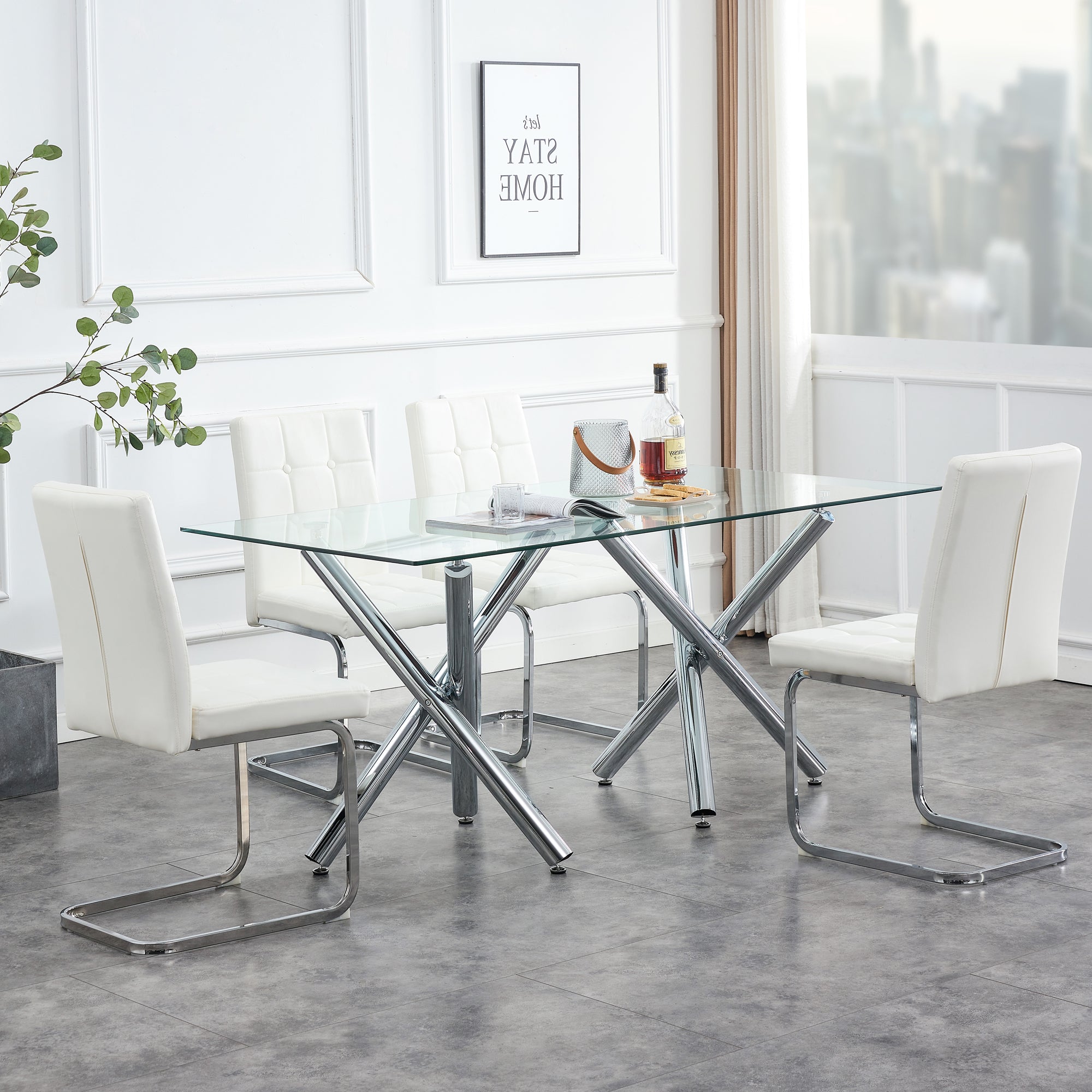 Modern Style Dining Chairs with Inset Buttons, C-shaped Tube Plating Metal Legs (Set of 2) - White