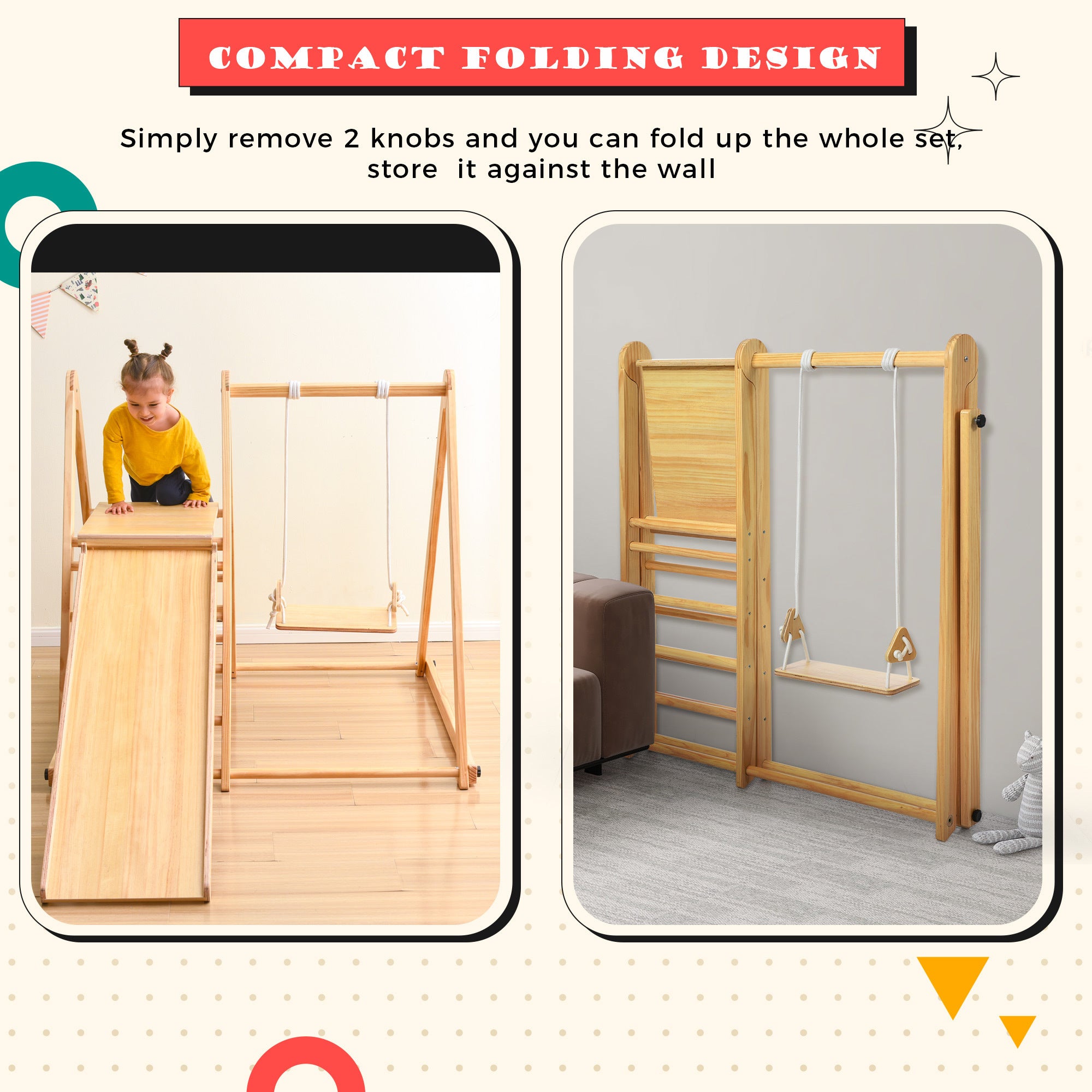 Wooden Swing and Slide Set Indoor Foldable Climbing Playground Play set for Kids/Toddlers