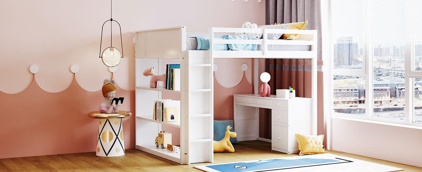 Full Size Loft Bed with Ladder, Shelves and Desk - White