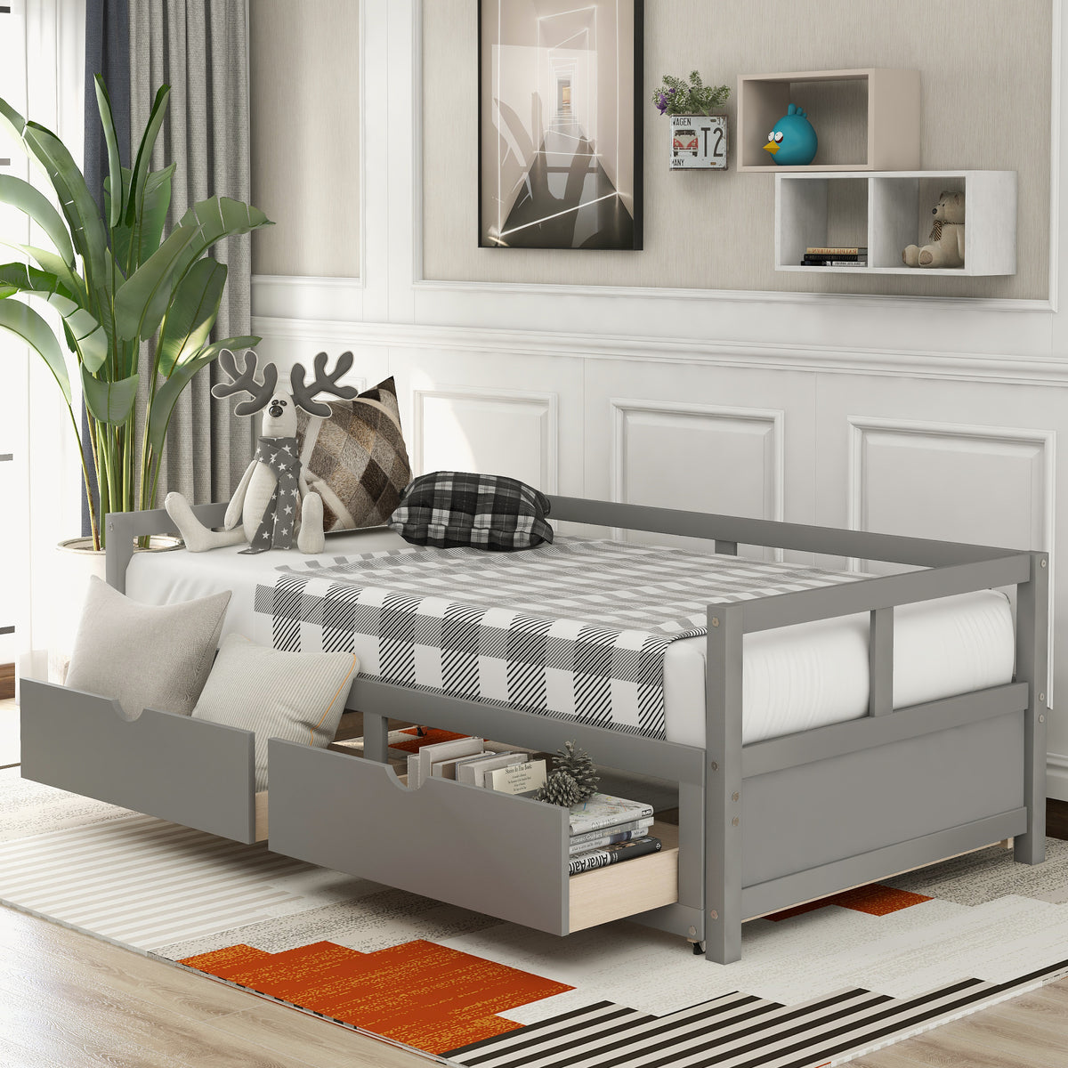 Extendable Daybed with Trundle Bed and Two Storage Drawers - Gray