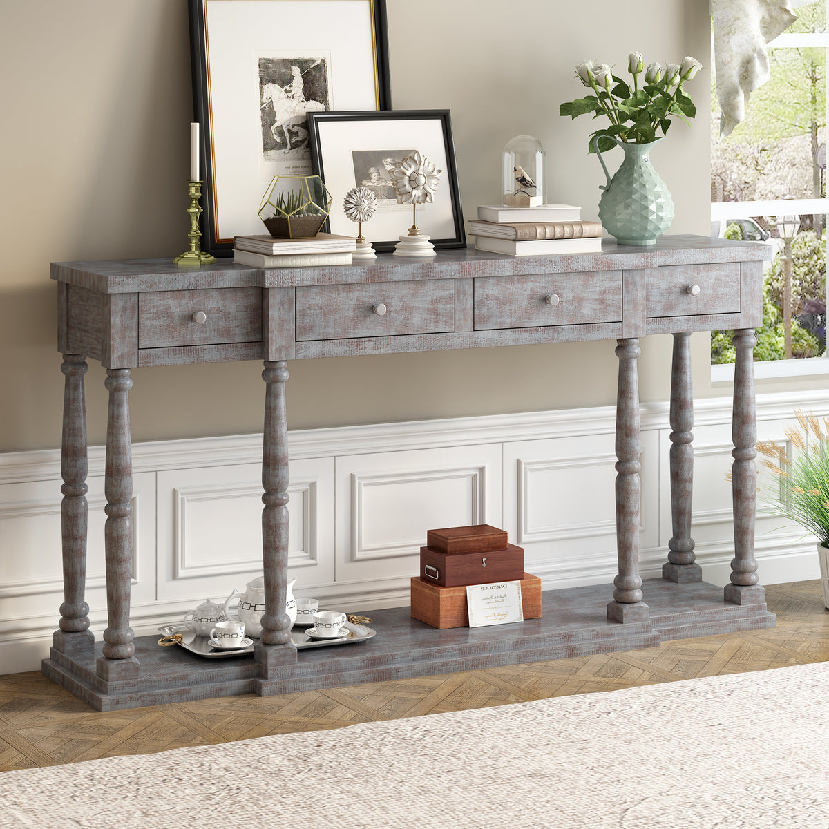 Farmhouse Console Table for Hallway with 4 Front Facing Storage Drawers and 1 Shelf