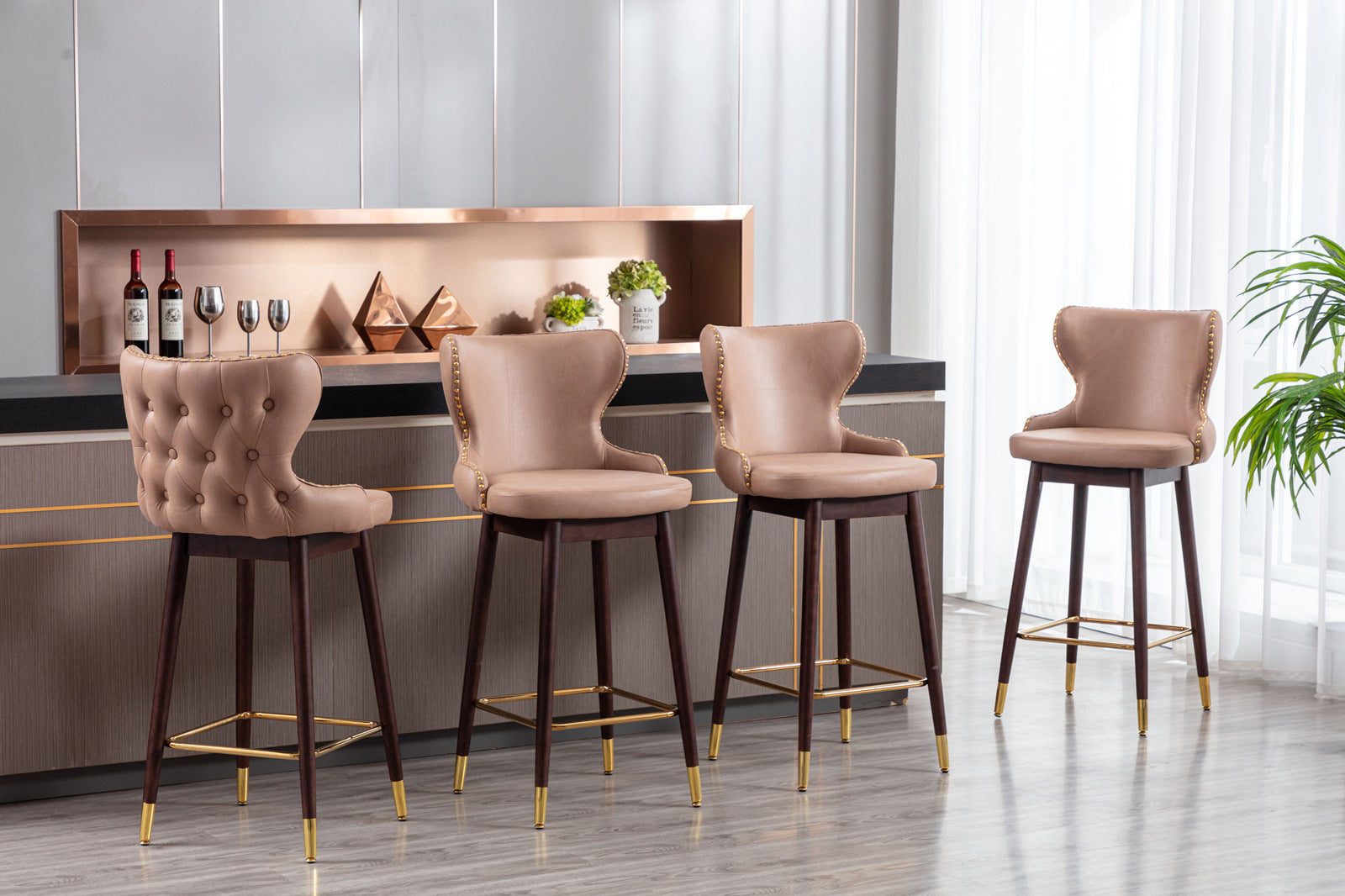 Modern Leathaire Fabric bar chairs, Tufted Gold Nailhead Trim Gold Decoration Bar stools (Set of 2) - Khaki