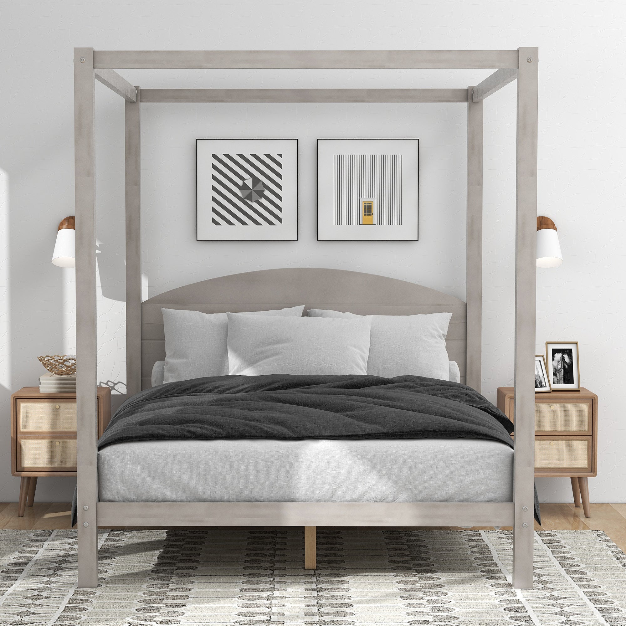 Queen Size Canopy Platform Bed with Headboard and Support Legs - Grey Wash