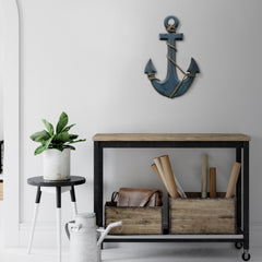Handcrafted Wood Wall Mount Sea Anchor and Rope Accent Decor - Distressed Blue
