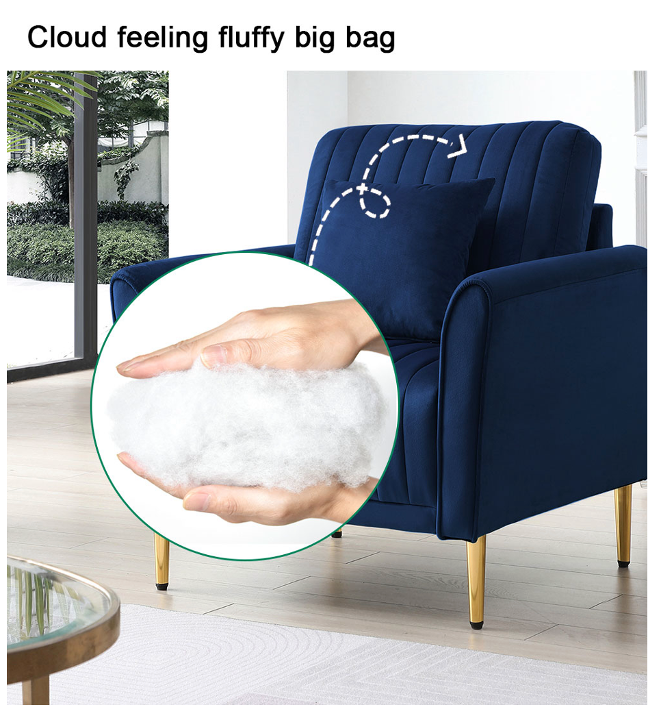 Velvet Accent Chair with Gold Legs - Navy Blue with 1 Throw Pillow