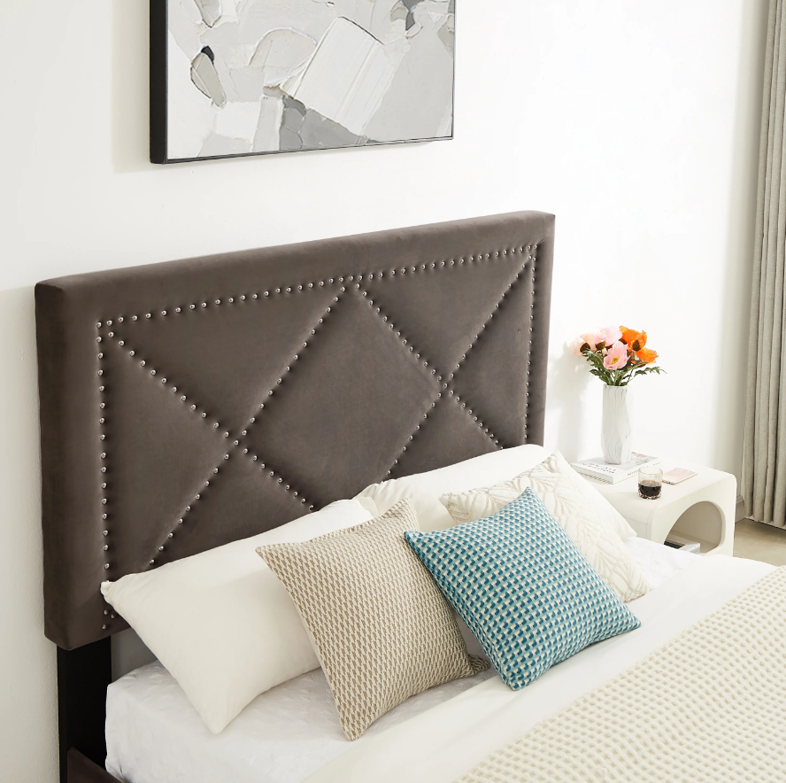 King Bed - Beautiful brass studs adorn the headboard, strong wooden slats + metal legs with Electroplate