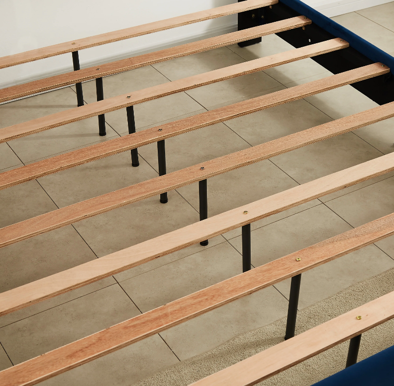 King Bed - Beautiful brass studs adorn the headboard, strong wooden slats + metal legs with Electroplate