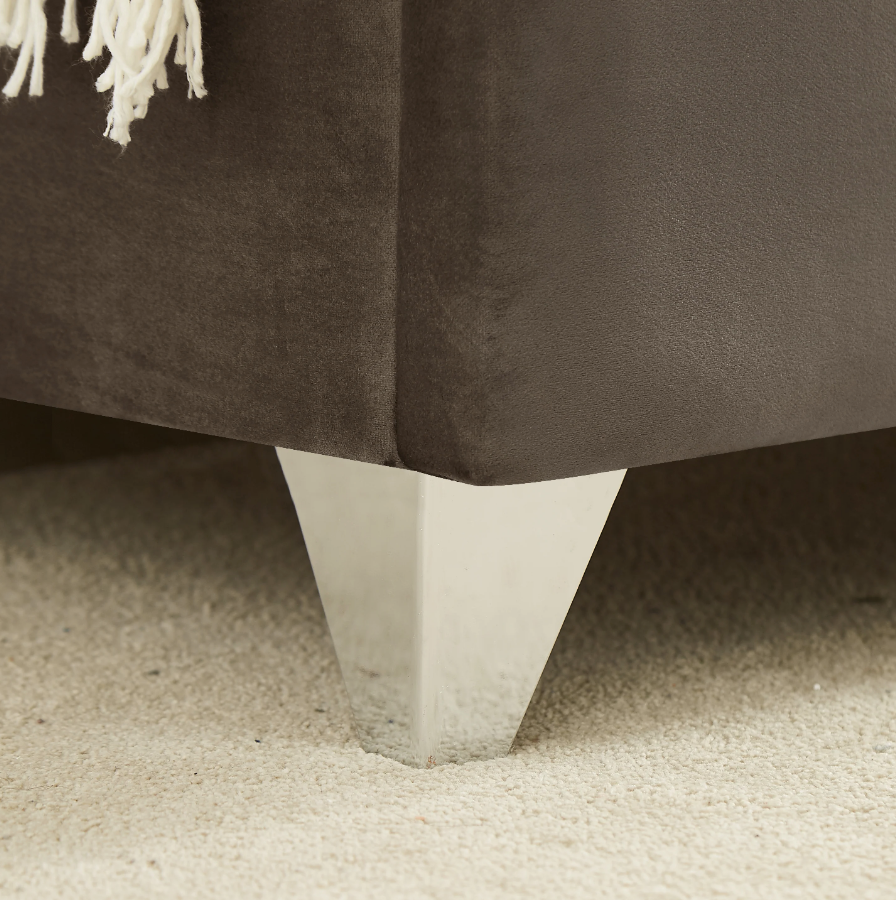 King Bed - Beautiful brass studs adorn the headboard, strong wooden slats + metal legs with Electroplate