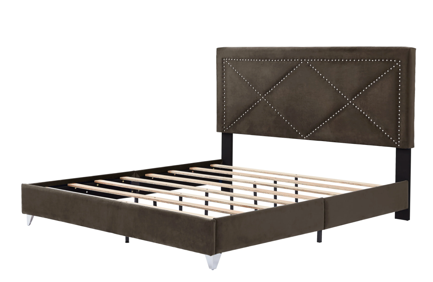 King Bed - Beautiful brass studs adorn the headboard, strong wooden slats + metal legs with Electroplate