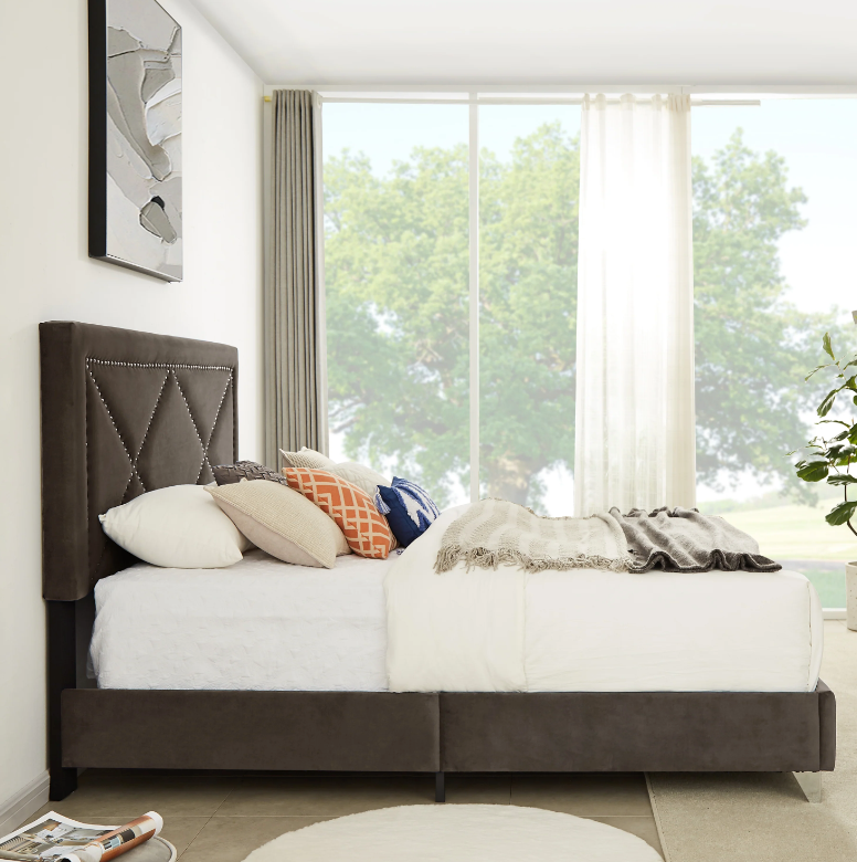 King Bed - Beautiful brass studs adorn the headboard, strong wooden slats + metal legs with Electroplate