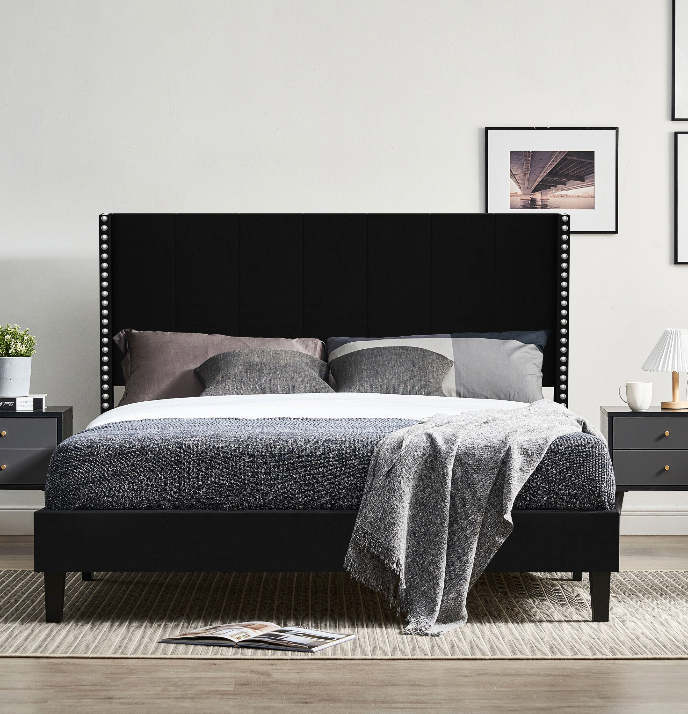 Elegant Queen Size Velvet Bed Frame - Black