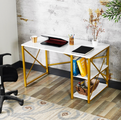 Gold Metal Frame 47" Wooden Top 2 Shelves Computer Desk - White