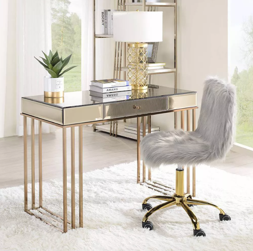 Antique White & Gold Finish Contemporary Built-in USB Port Writing Desk