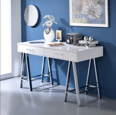 Contemporary Built-in USB Port Writing Desk - White High Gloss & Chrome Finish