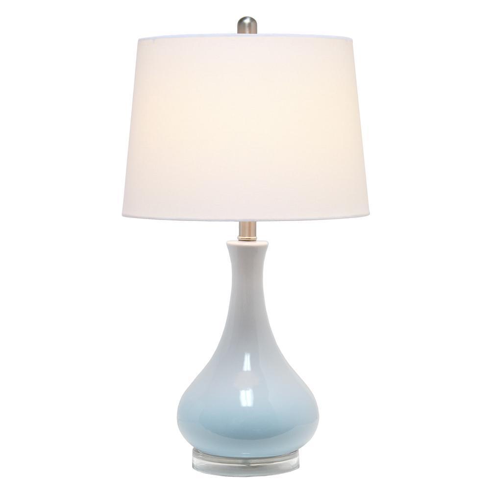 Ceramic Tear Drop Shaped Table Lamp, Light Blue, White Fabric Shade