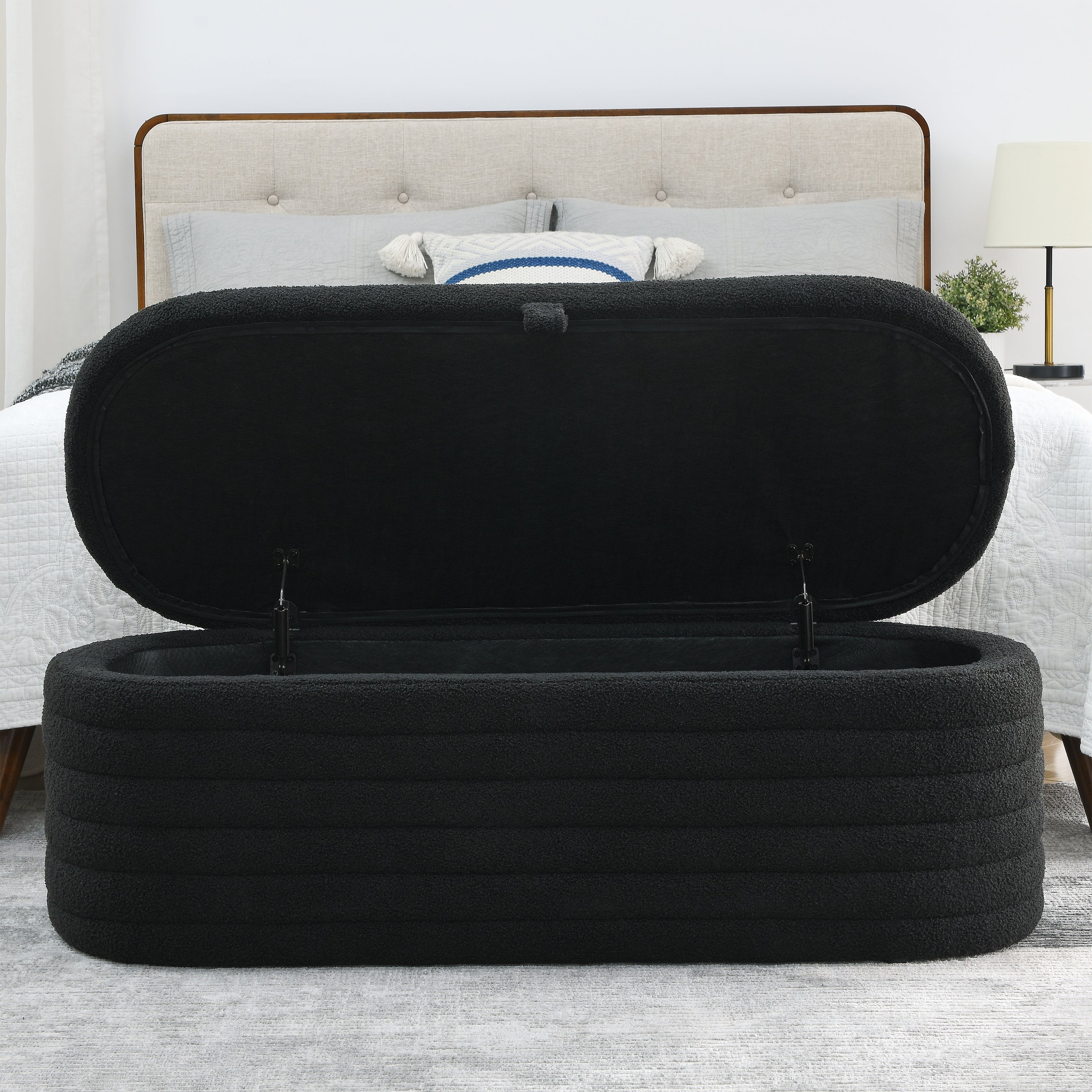 Storage Ottoman Bench Upholstered Fabric Storage - Black teddy
