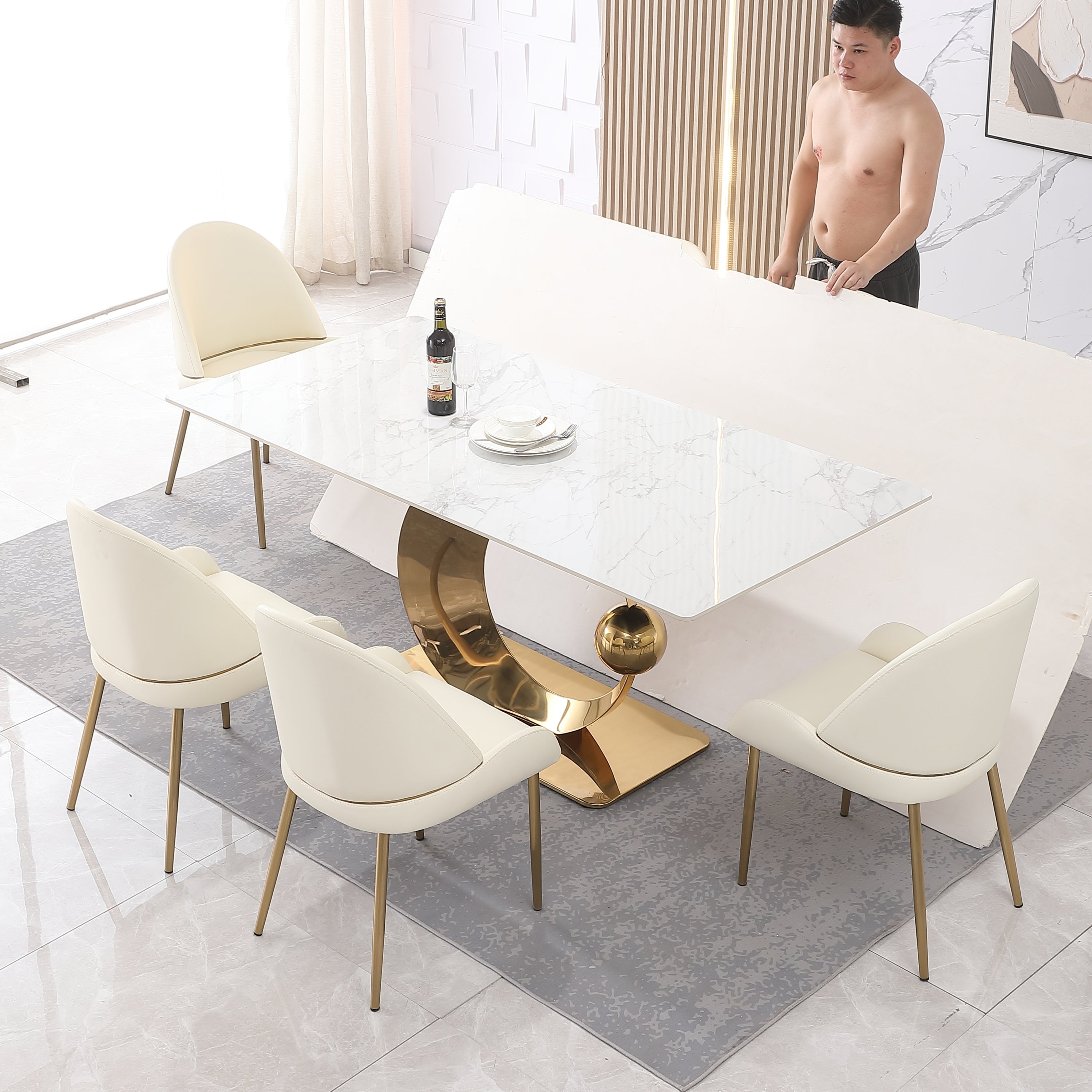 Stone Dining Table with Carrara White color and Round special shape stainless steel Gold Pedestal Base
