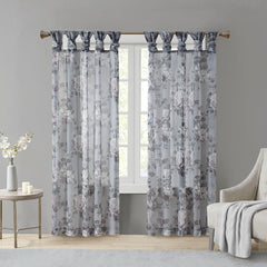 Printed Floral Twist Tab Top Voile Sheer Curtain - Grey