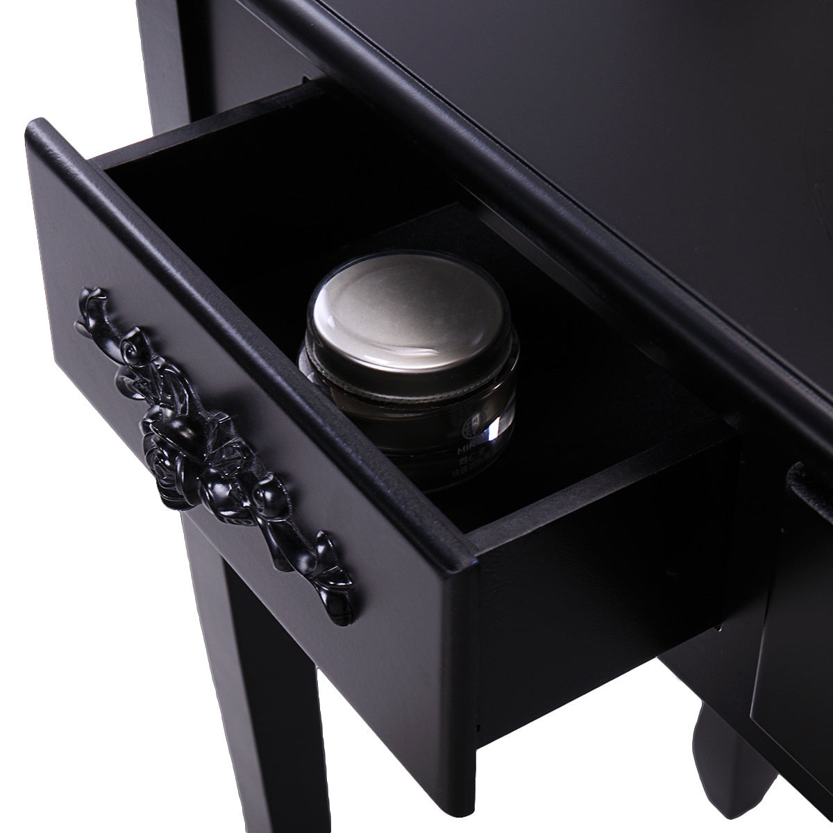 Makeup Vanity Table Dressing Table with 360-degree-rotating Mirror and 4 Drawers, Thick Padded Stool - Black