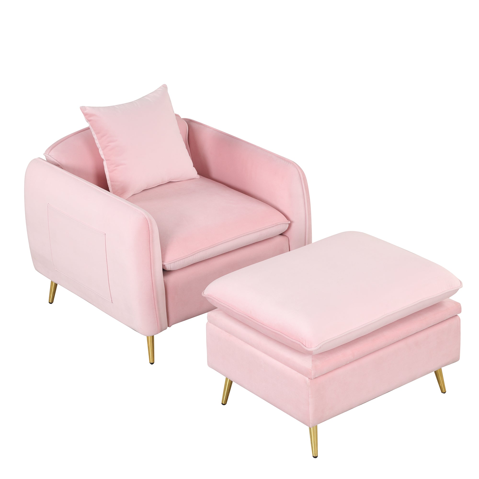 Armchair with Ottoman Fabric Single Sofa Foot Rest & Pillow Pink