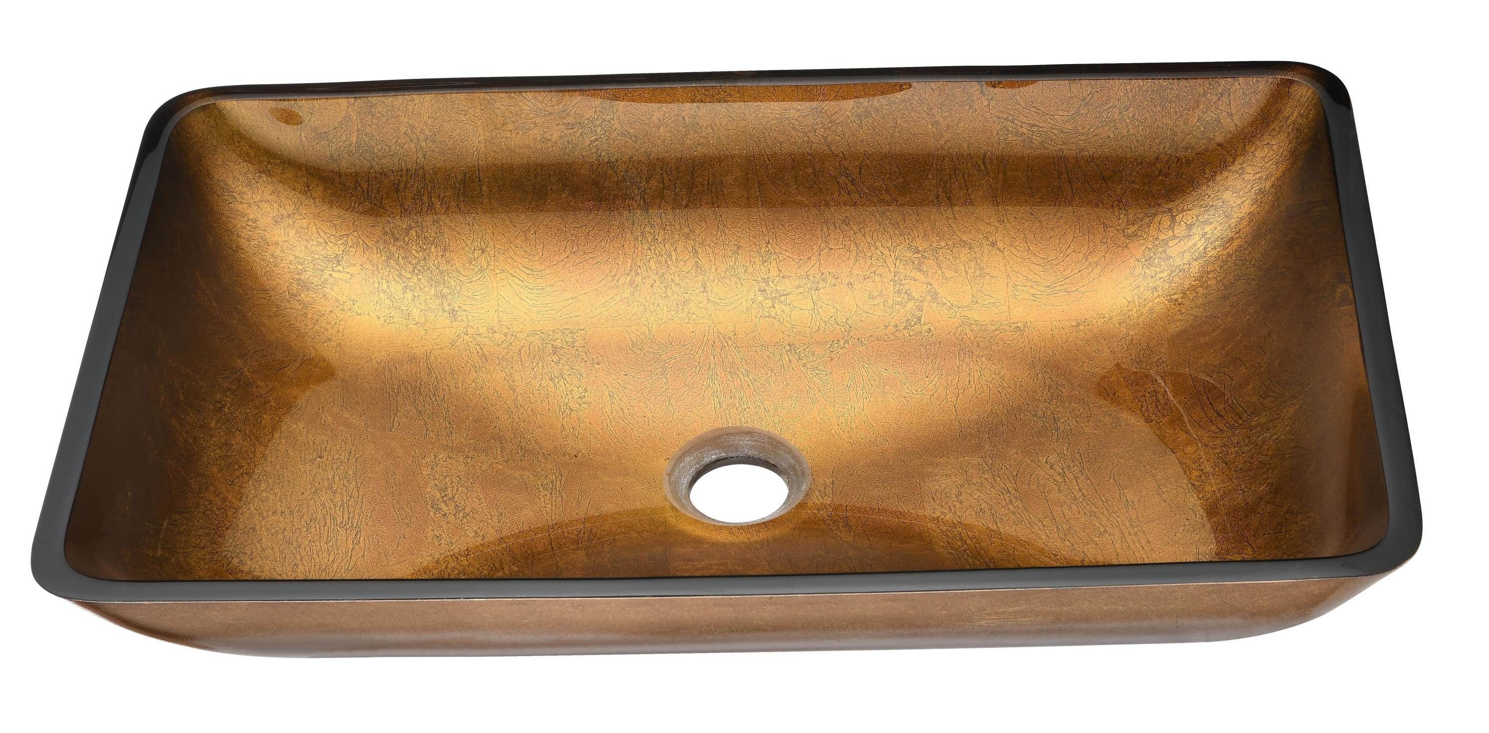 22.25" L -14.25" W -4 1/2" H Glass Rectangular Vessel Bathroom Sink Set with Gold Faucet and Gold Pop Up Drain