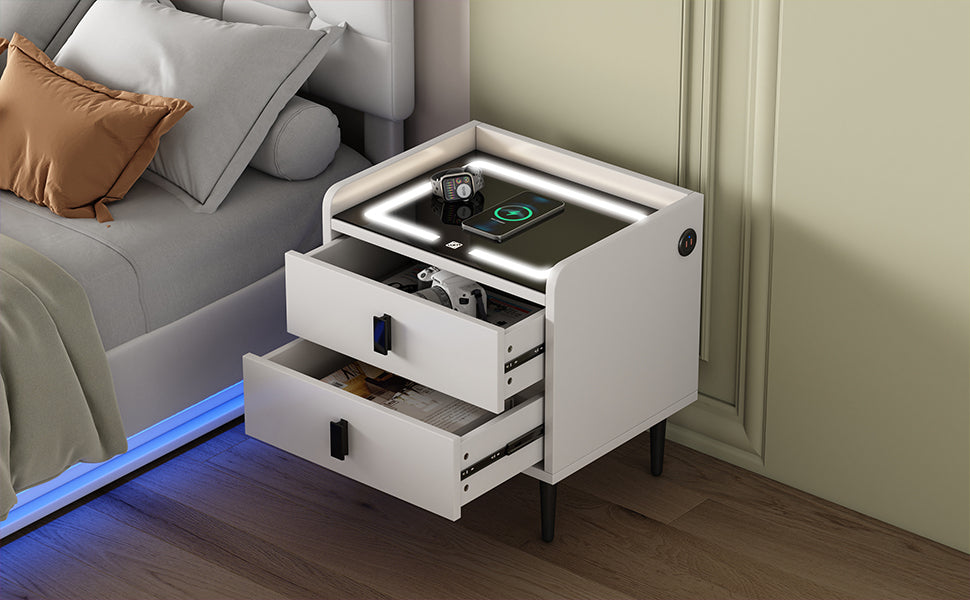 Nightstand with Wireless Charging Station,USB Charging and Adjustable LED Lights, Modern End Table with 2 Drawers - White