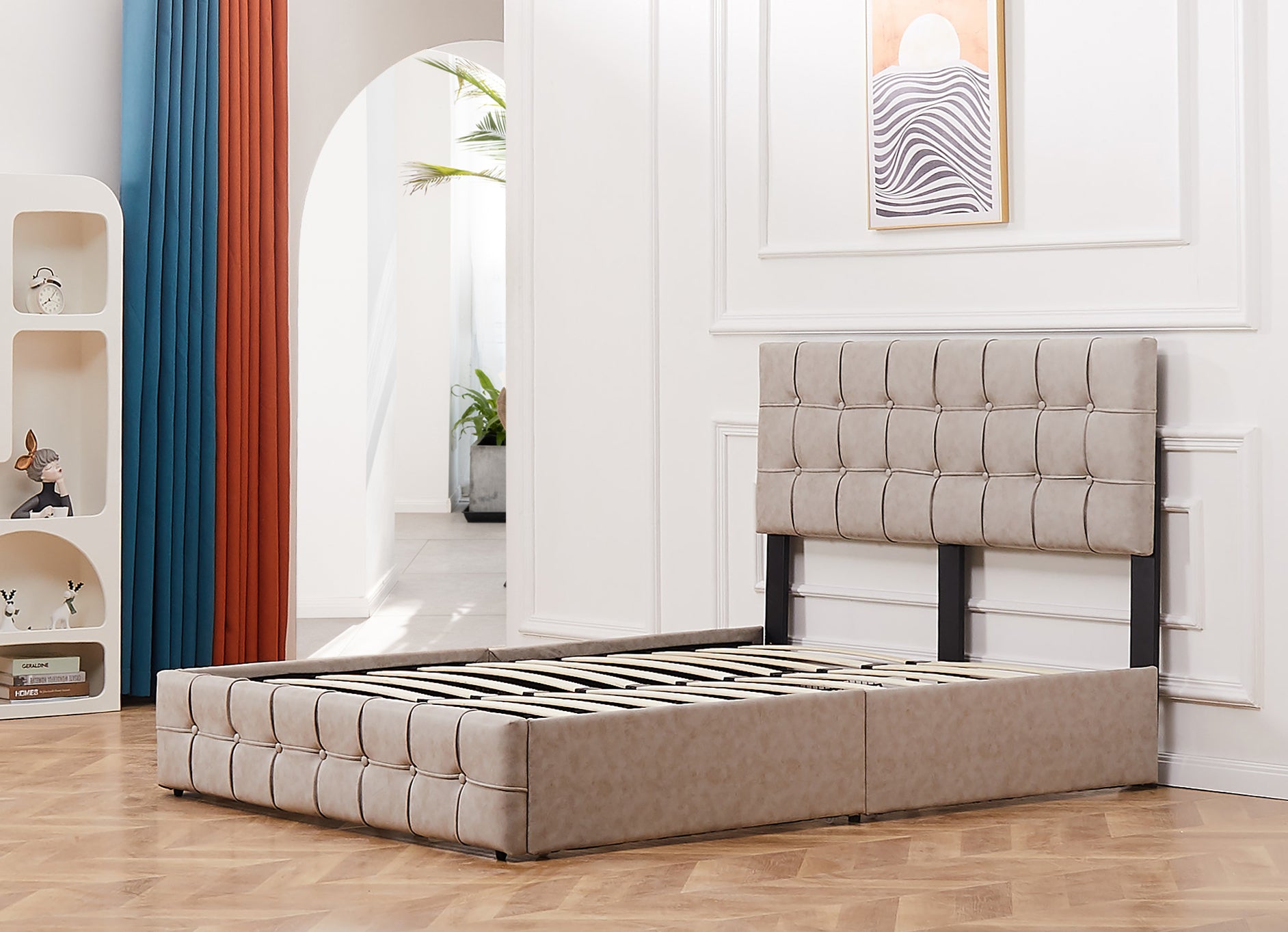 Queen Size Adjustable Headboard Height Storage Bed with 4 Drawers - Brow