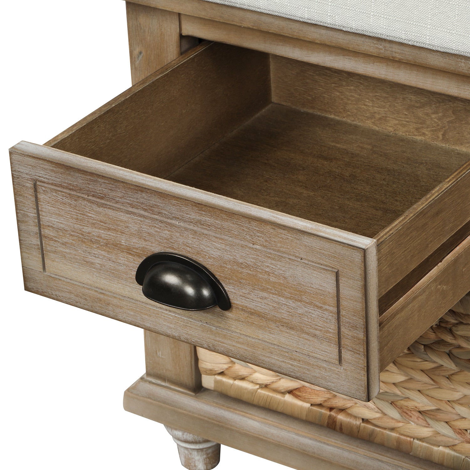 Rustic Storage Bench with 3 Drawers and 3 Rattan Baskets- White Washed